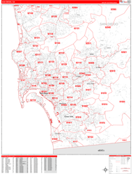 San Diego County, CA Wall Map Zip Code Red Line Style 2024